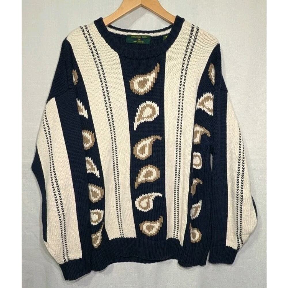 Embassy Row Retro Paisley Knit Sweater Navy Cream Textured Crewneck Grandpacore‎